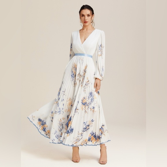 Fehaute Dresses & Skirts - Fehaute Pleated Floral Chiffon V Neck Long Balloon Sleeve A-Line Maxi Dress